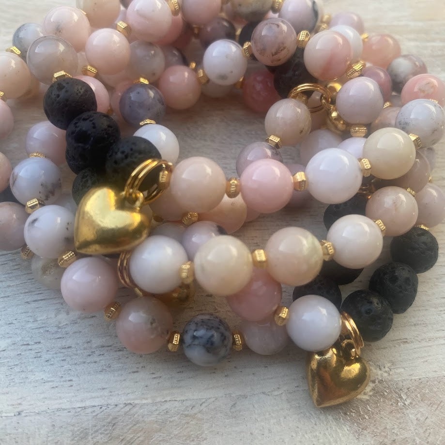 Kind Heart | Peruvian Pink Opal & Lava Gold Heart Charm Diffuser Bracelet